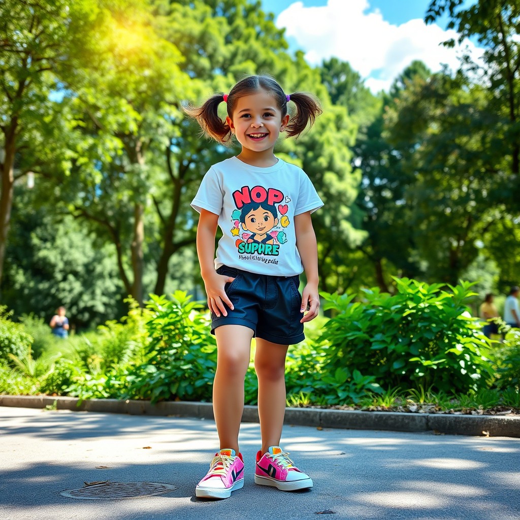 A young girl wearing stylish black leather shorts, complemented by a vibrant graphic t-shirt and colorful sneakers