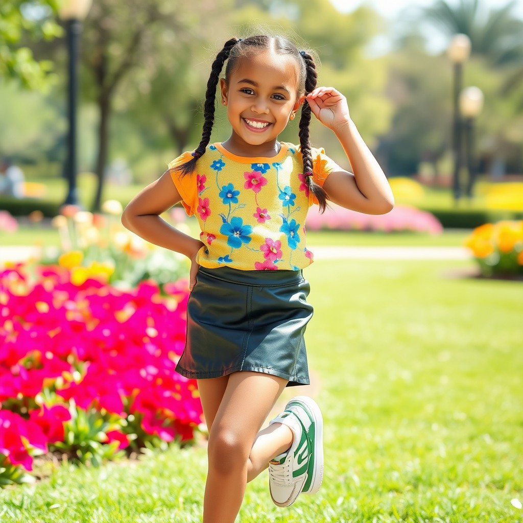 A young girl wearing a stylish black leather mini skirt paired with a bright, colorful top and trendy sneakers