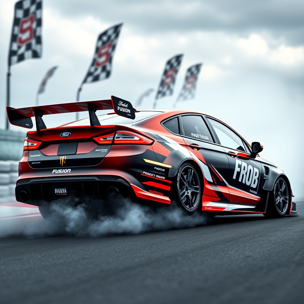 An aggressive Ford Fusion race car kit, featuring a sleek and aerodynamic body design with a bold racing livery