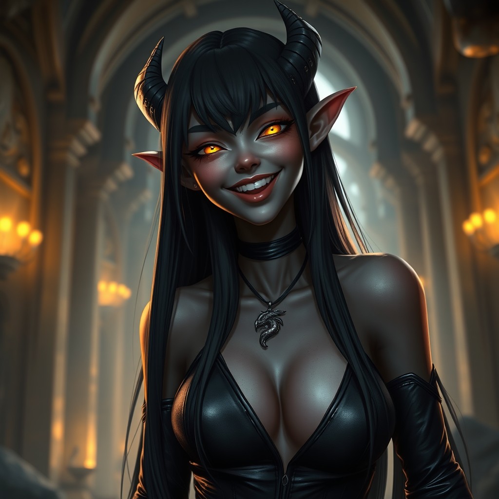 A stunning female drow with short human-like ears and a tall, elegant, slender figure