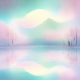 A serene lake scene depicted in an abstract, surreal style with light pastel colors crafting a peaceful, dreamlike atmosphere