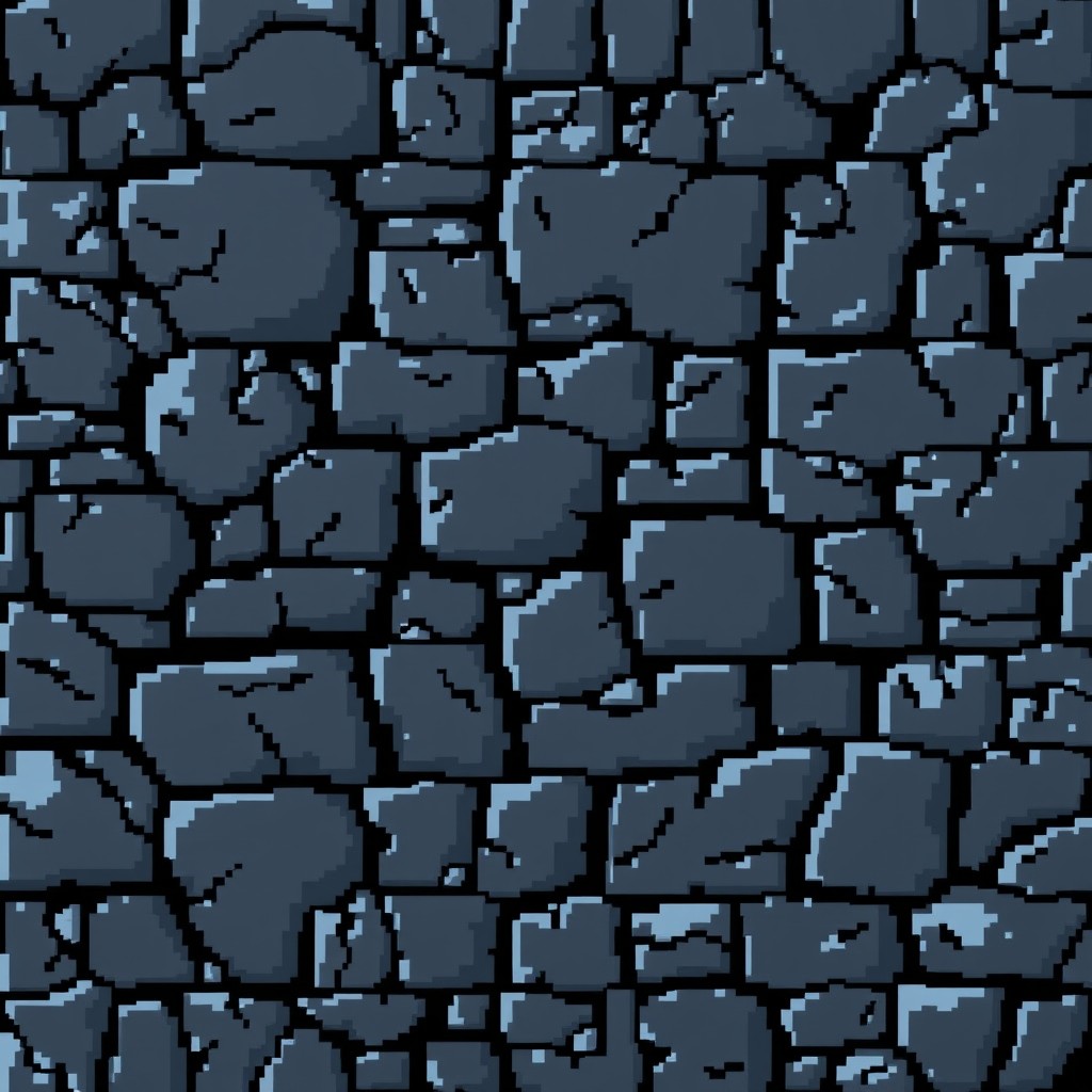 A detailed pixel art texture of dark stone, showcasing various shades of gray and black with subtle hints of blue, creating depth and character