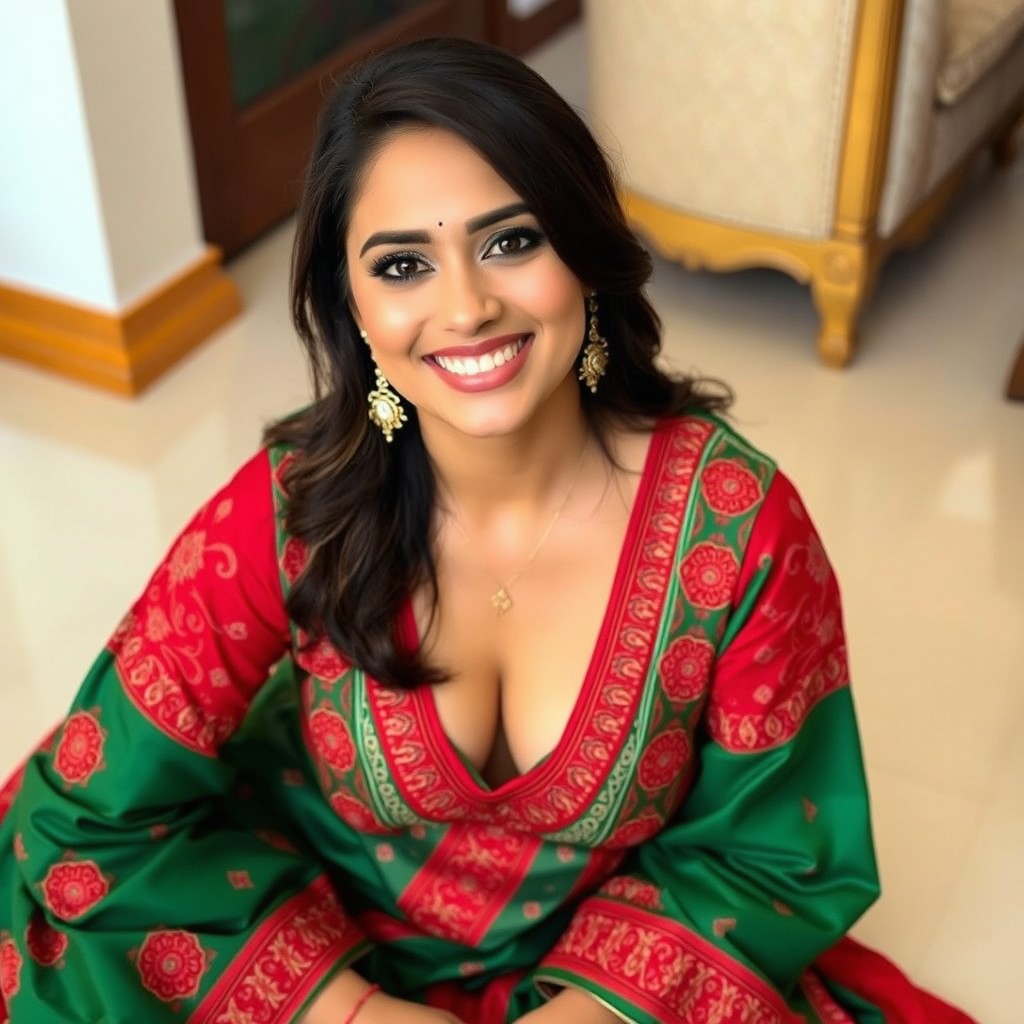 A woman sitting on the floor, looking up at the camera with a warm smile