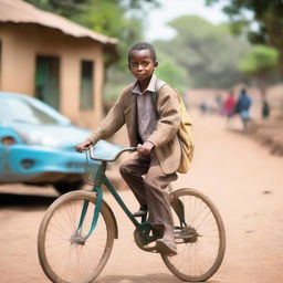 A student in Ethiopia in the year 2023, riding a bicycle to school