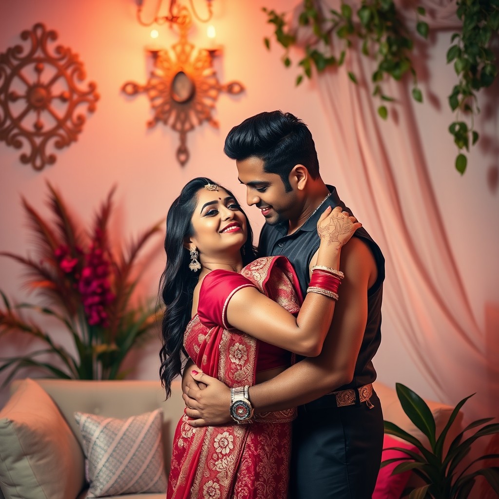 A passionate scene featuring a hot Indian couple, embracing and showcasing their love in a cozy, intimate setting