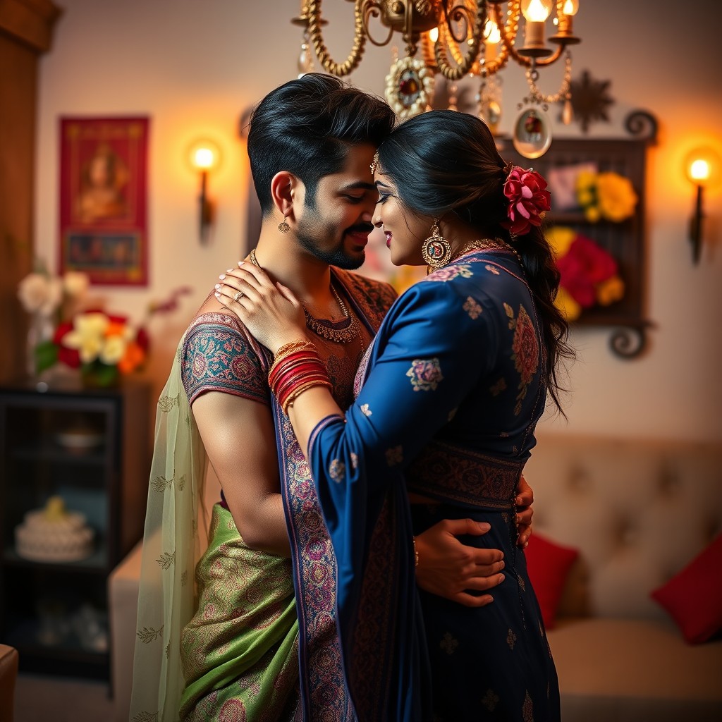 A captivating image of a hot Indian couple, deeply engaged in a loving embrace