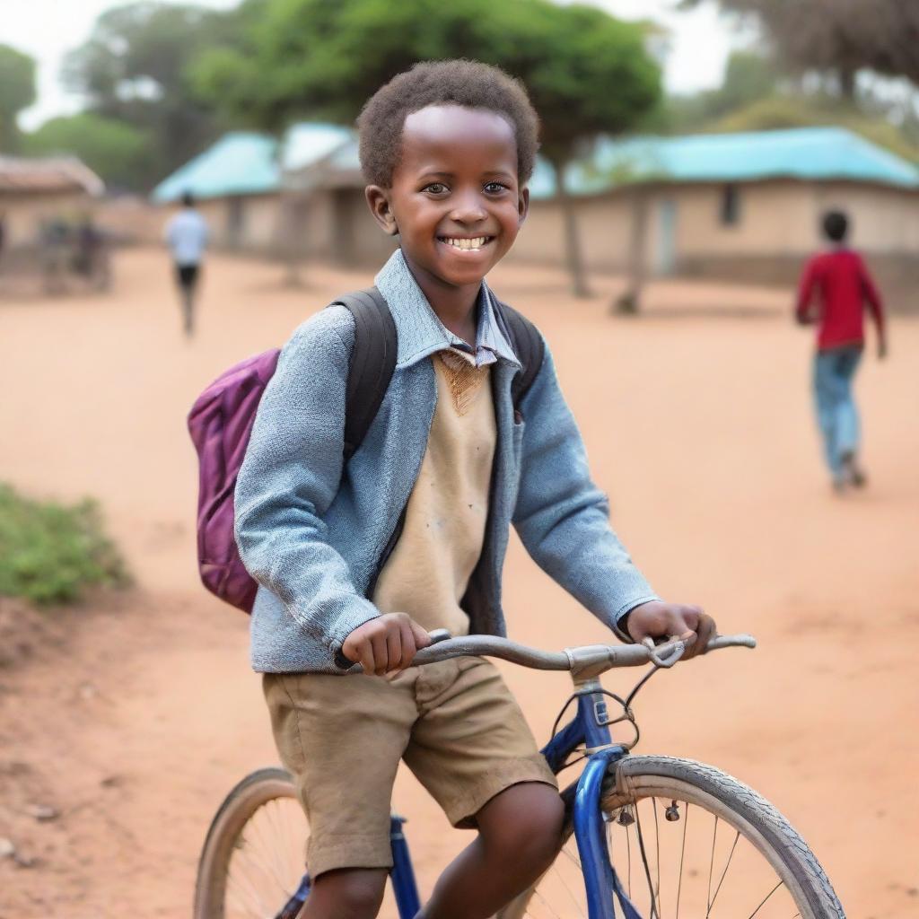 A student in Ethiopia in the year 2023, riding a bicycle to school