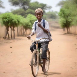 A student in Ethiopia in the year 2023, riding a bicycle to school