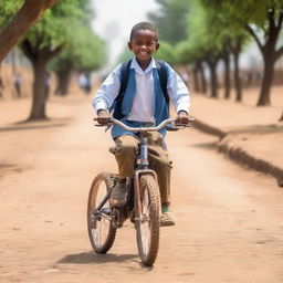 A student in Ethiopia in the year 2023, riding a bicycle to school