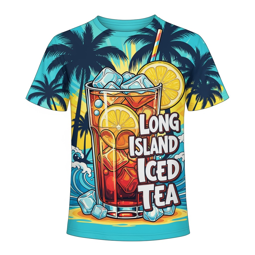 A colorful and vibrant Long Island Iced Tea themed t-shirt design, featuring a stylized illustration of a cocktail glass filled with a refreshing drink