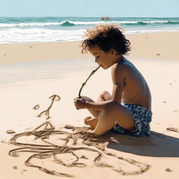 A young boy sits on sandy beach by the sea. Waves lap gently behind him. He has drawn a 'profit' symbol in the sand with a stick, and within it, the name 'TRISHA'.