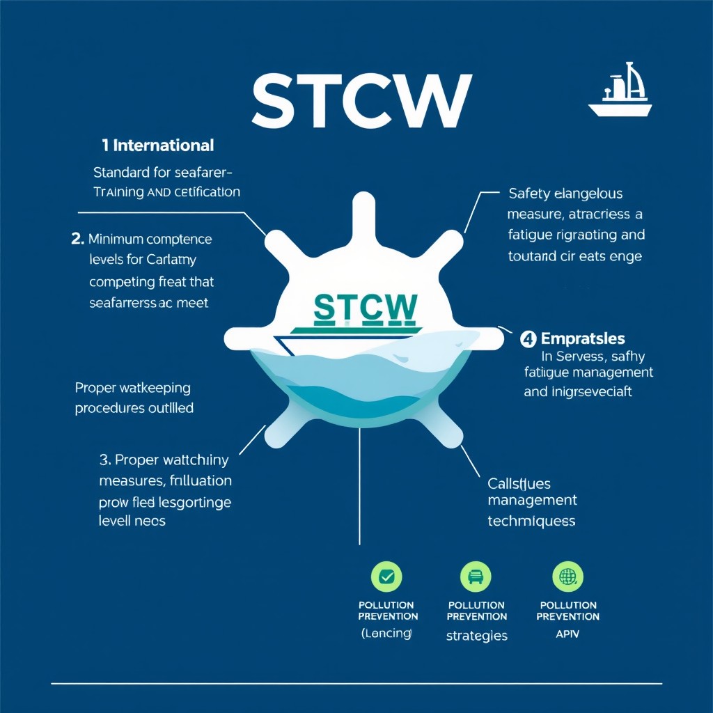 An infographic that visually represents the STCW (Standards of Training, Certification and Watchkeeping for Seafarers) requirements
