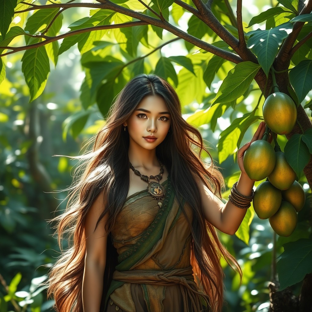 An Asian human woman Druid character with flowing hair and striking gold eyes, standing amidst a vibrant forest