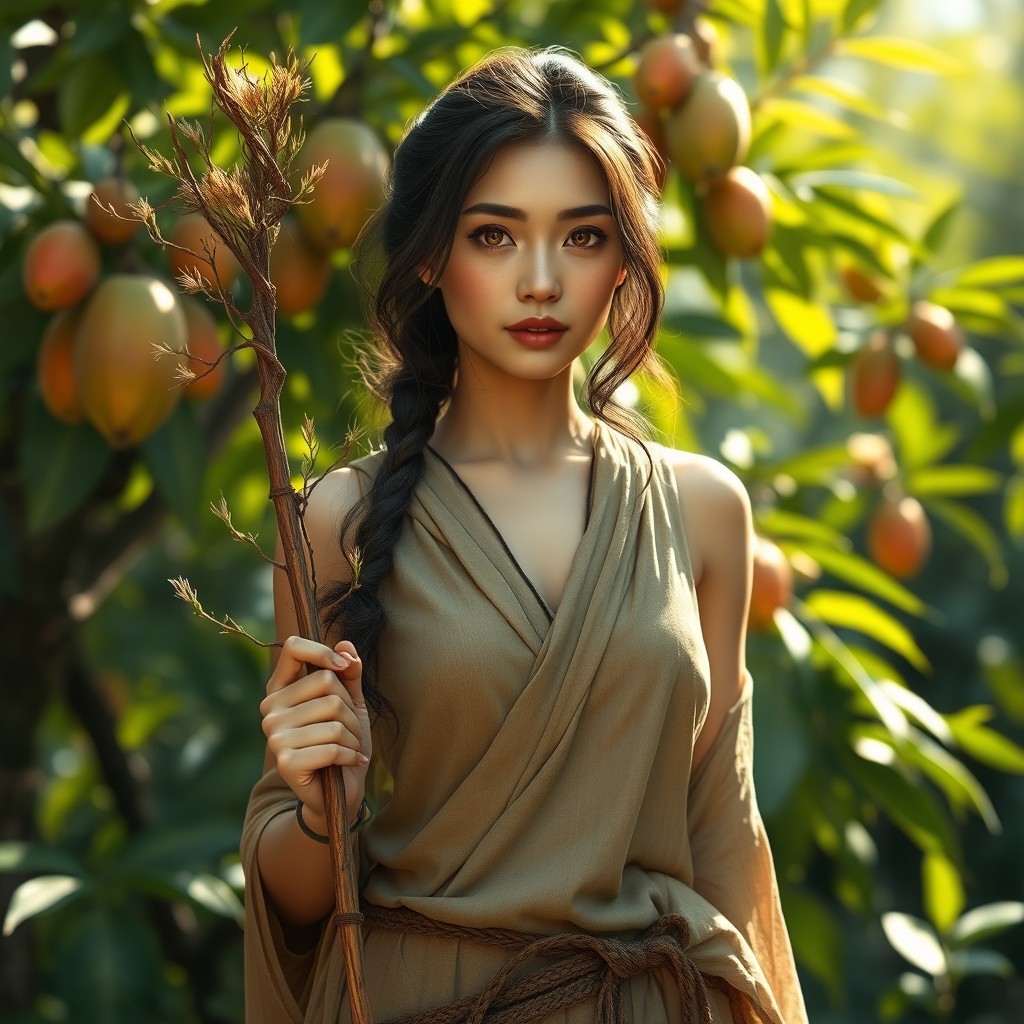 An Asian human woman Druid character with striking gold eyes, standing gracefully with a staff made of delicate sprigs in her hand
