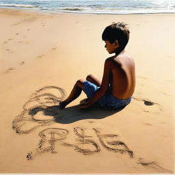 A young boy sits on sandy beach by the sea. Waves lap gently behind him. He has drawn a 'profit' symbol in the sand with a stick, and within it, the name 'TRISHA'.