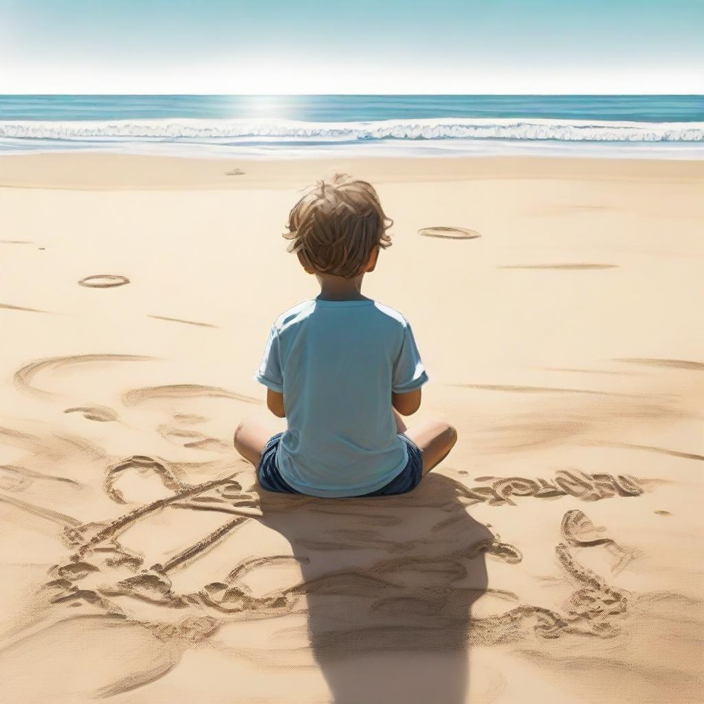 A young boy sits on sandy beach by the sea. Waves lap gently behind him. He has drawn a 'profit' symbol in the sand with a stick, and within it, the name 'TRISHA'.