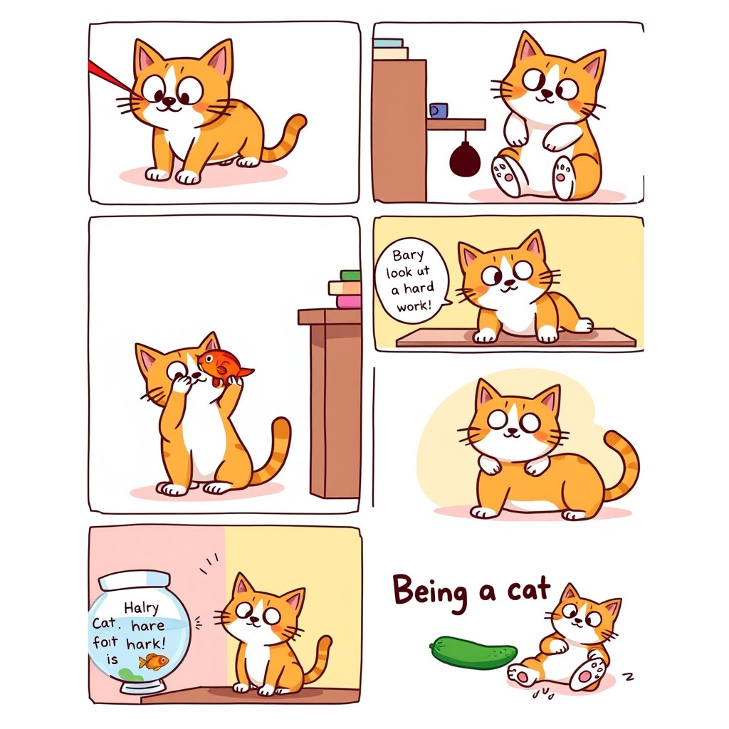 A whimsical 6-panel comic strip featuring a funny cat in various hilarious situations