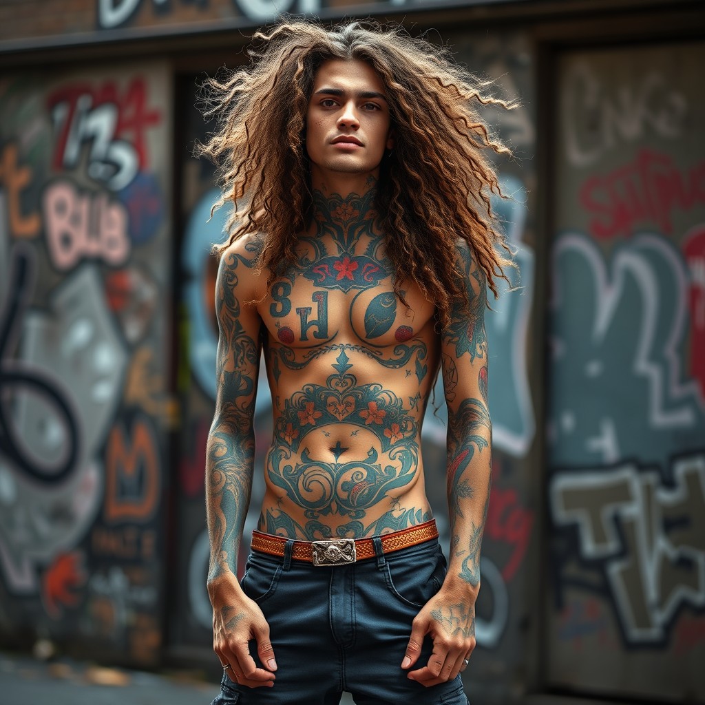 A tall, skinny guy with long curly hair flowing freely, his body covered in vibrant tattoos showcasing intricate designs and patterns