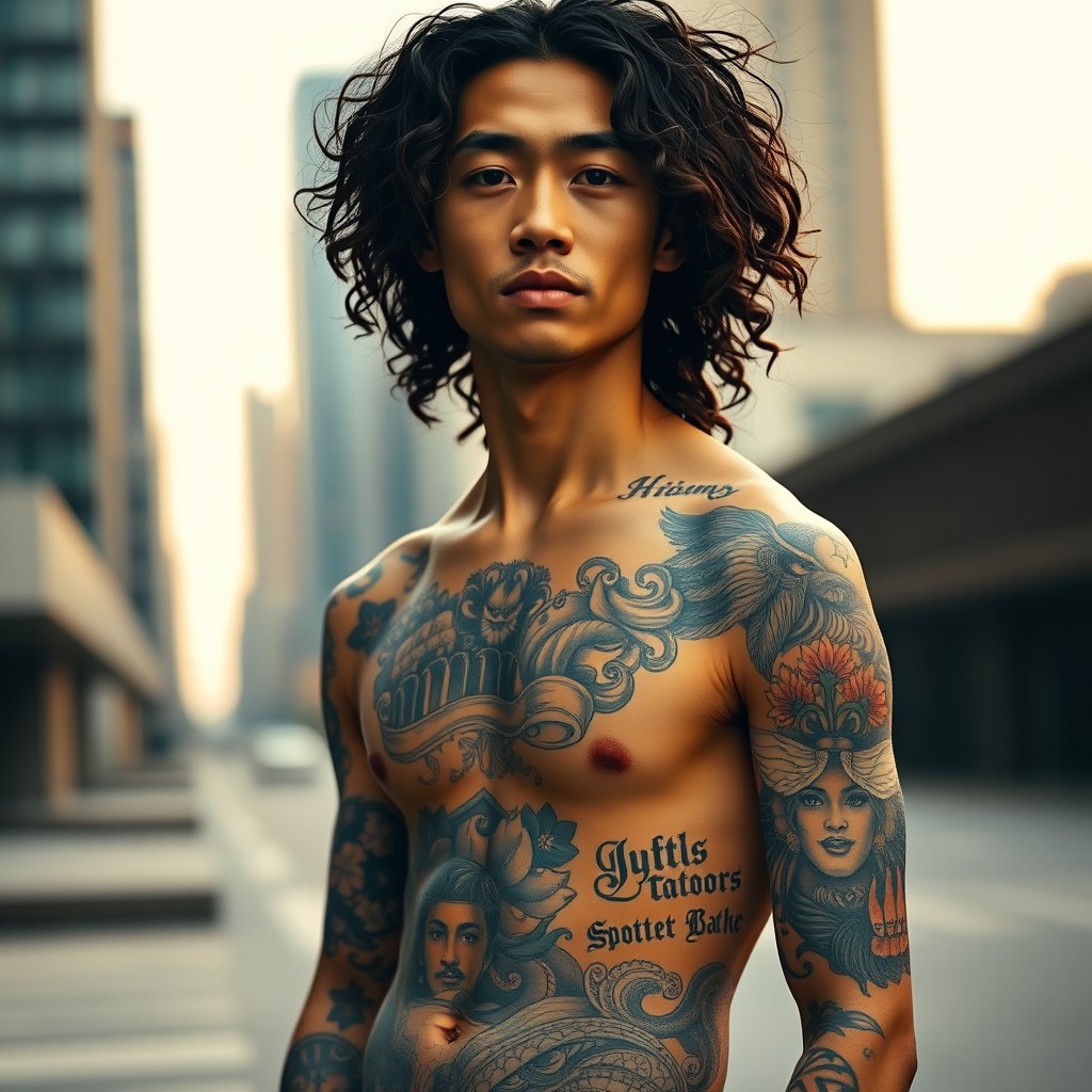 A tall, skinny Asian man with long, curly hair, adorned with intricate tattoos covering his body