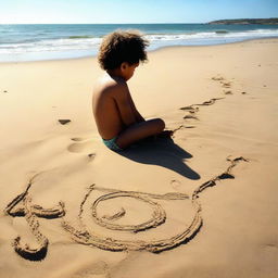 A young boy sits on sandy beach by the sea. Waves lap gently behind him. He has drawn a 'profit' symbol in the sand with a stick, and within it, the name 'TRISHA'.