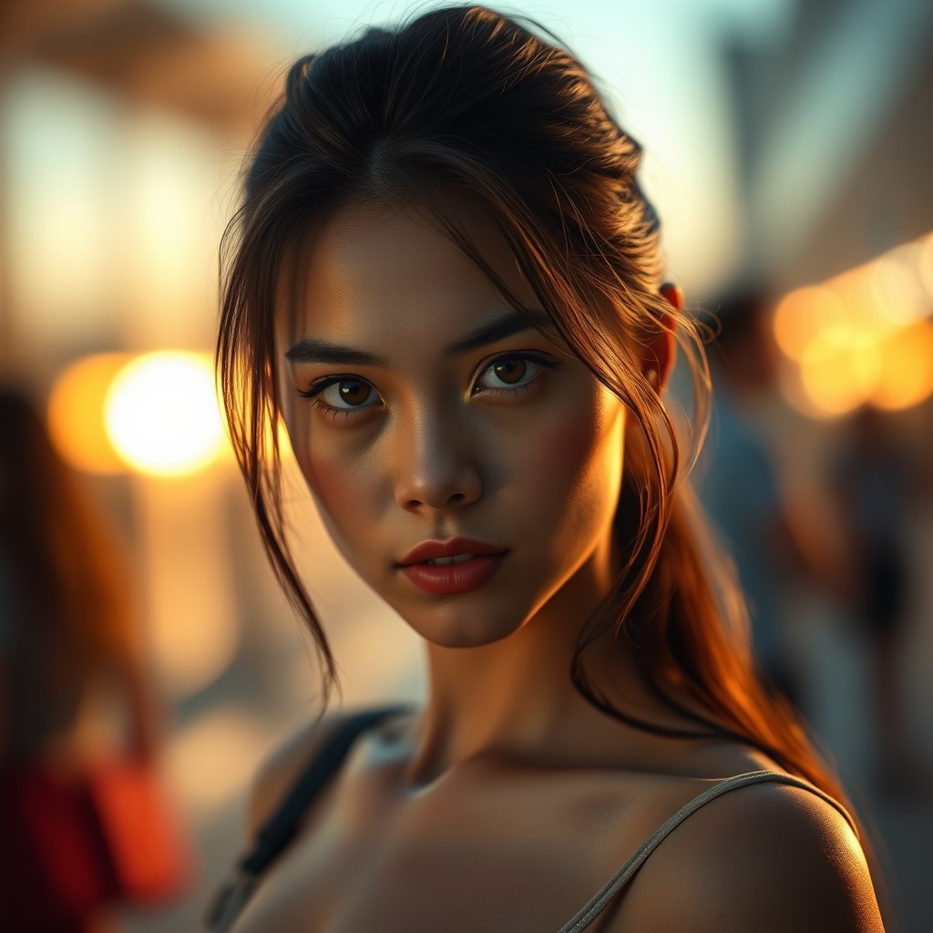 Cinematic portrait of a young woman with an intense and expressive gaze towards the camera