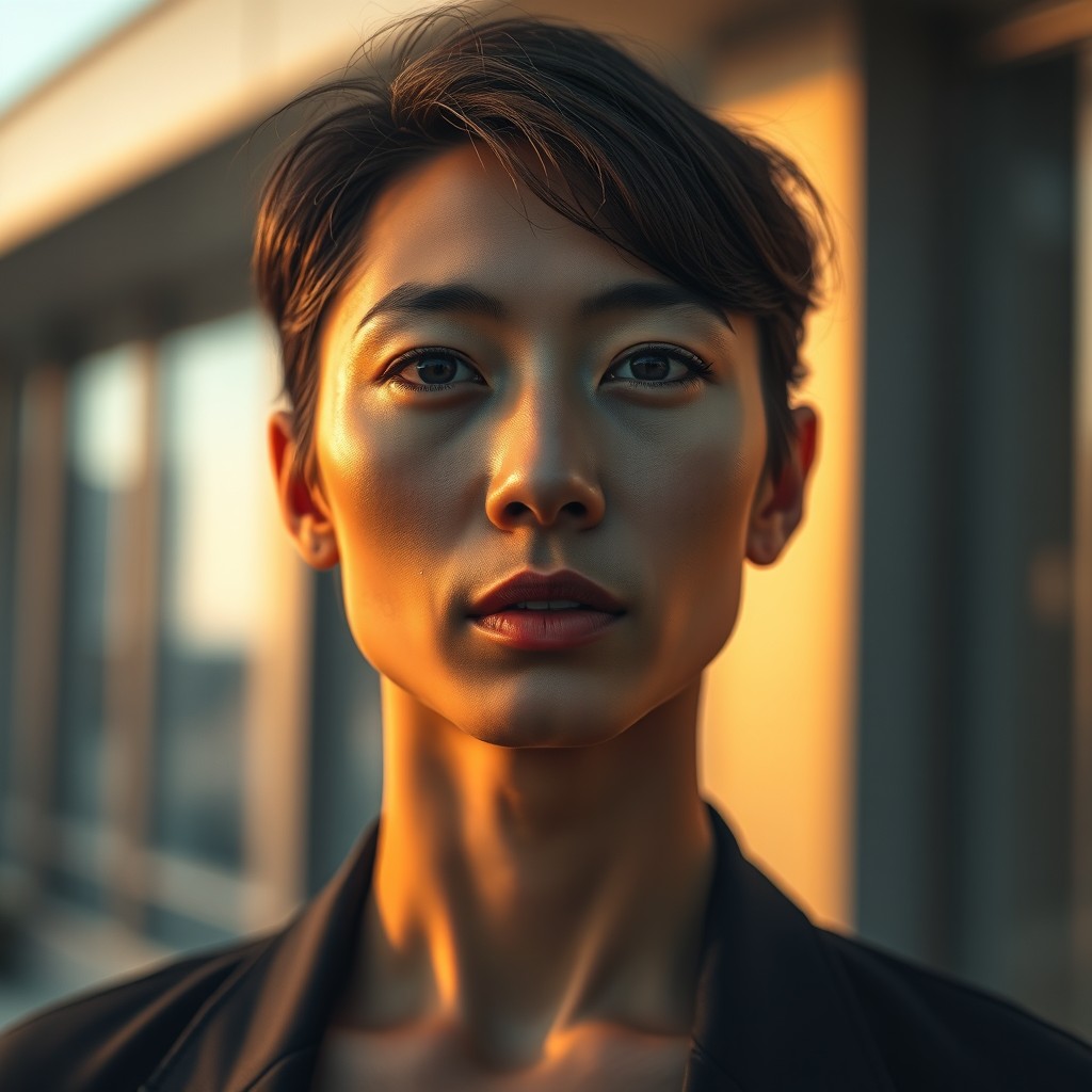 A cinematic portrait with soft dramatic lighting, warm golden hour tones, or studio lighting with well-defined shadows