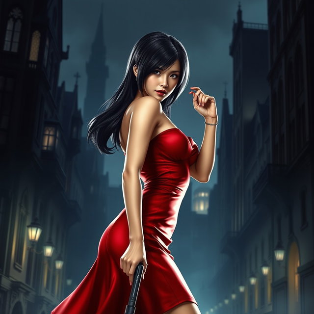 A stunning portrayal of Ada Wong from Resident Evil 4, dressed in her iconic red dress