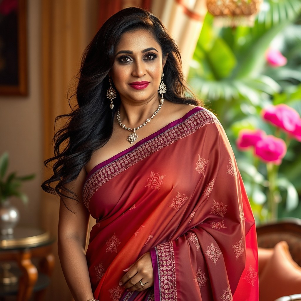 A 36-year-old mother with a mature, curvy body wearing a revealed, elegant saree that tempts with its beauty