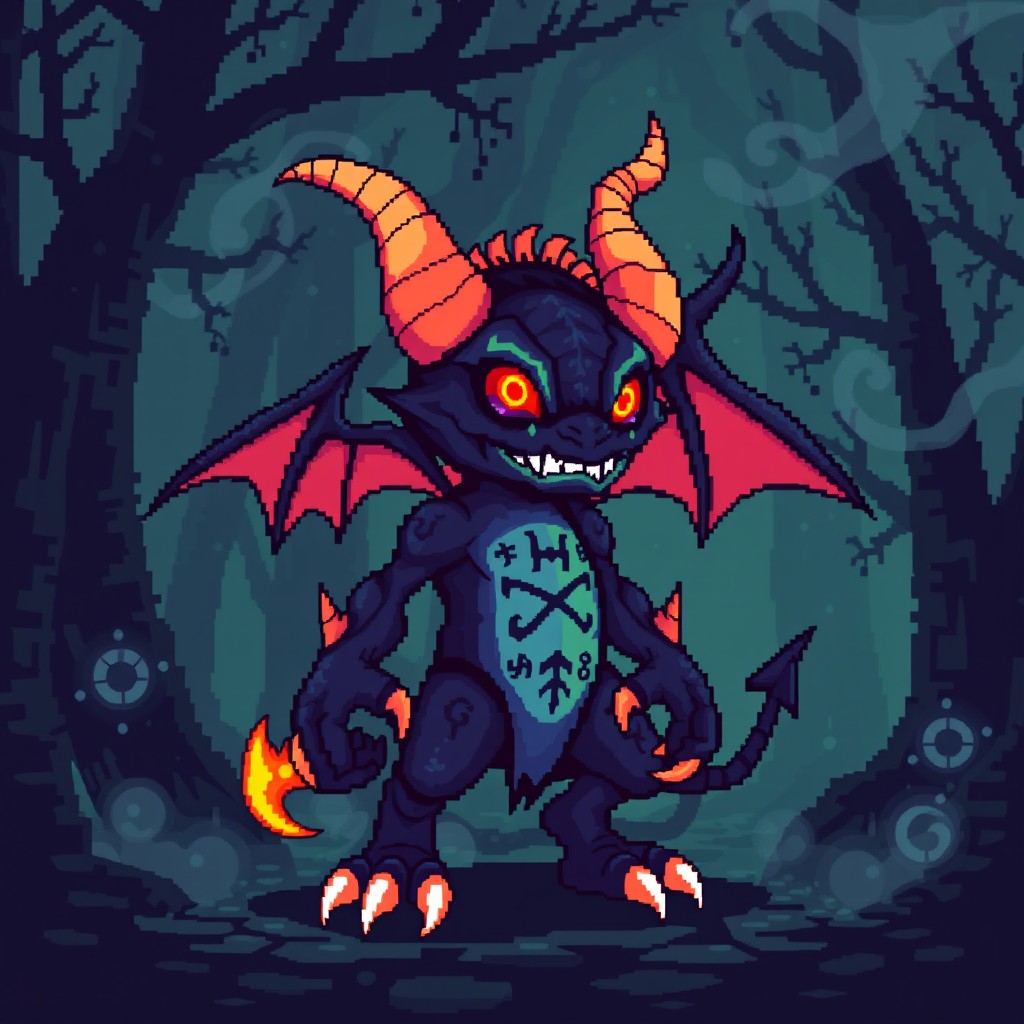 A pixel art demon character, designed with vibrant colors and intricate details