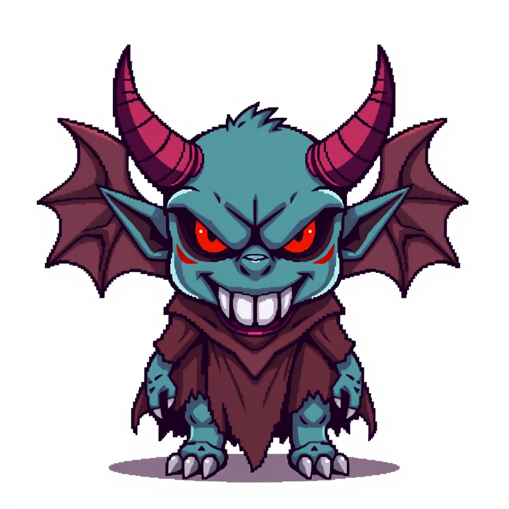 A pixel art sprite of a front-facing demon character, featuring bold colors and clear outlines for easy identification
