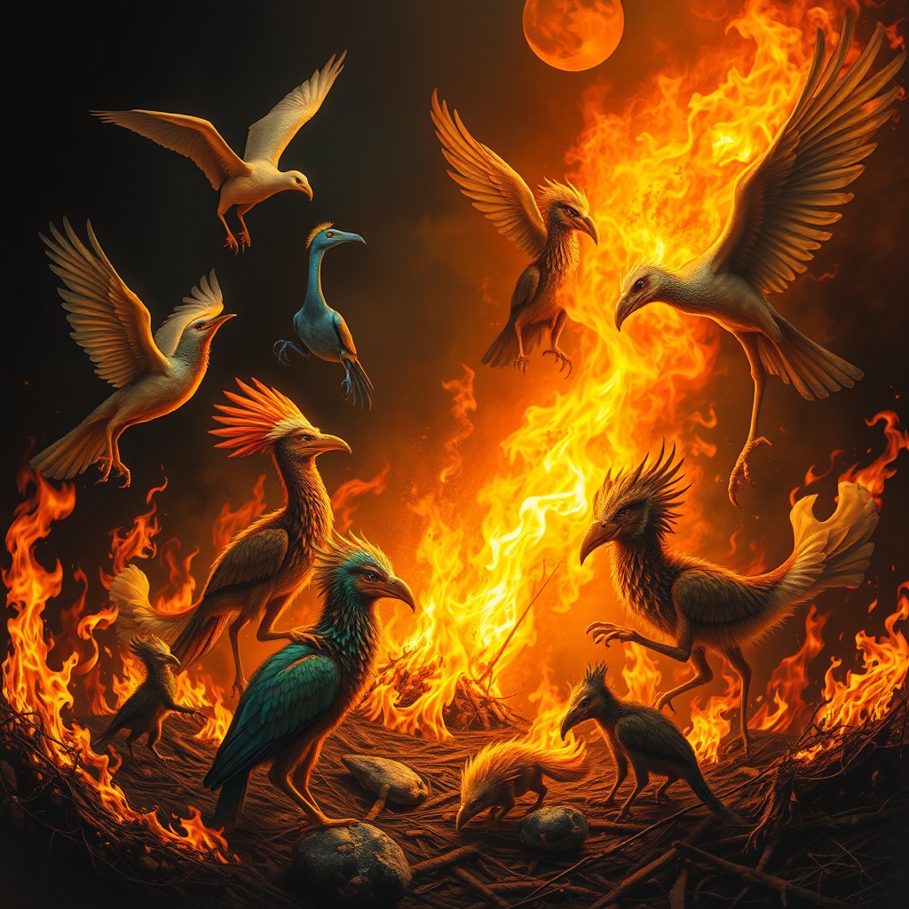 A surreal scene featuring strange birds and animals engulfed in flames, symbolizing a fire of deliverance