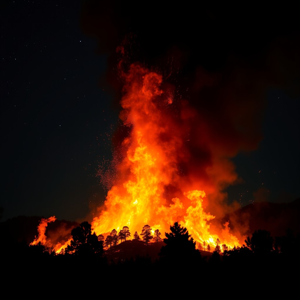 A breathtaking and dynamic scene of a raging wildfire with bright orange and red flames shooting into the night sky, intense glowing embers swirling through the air, and billowing black smoke rising dramatically