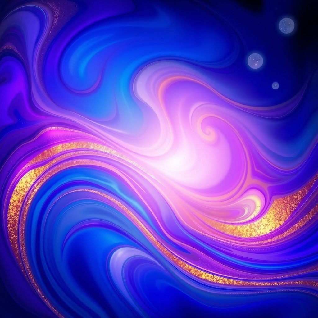 A vibrant and colorful abstract background featuring swirling patterns of deep blues, purples, and hints of gold, with a smooth gradient transitioning into lighter shades