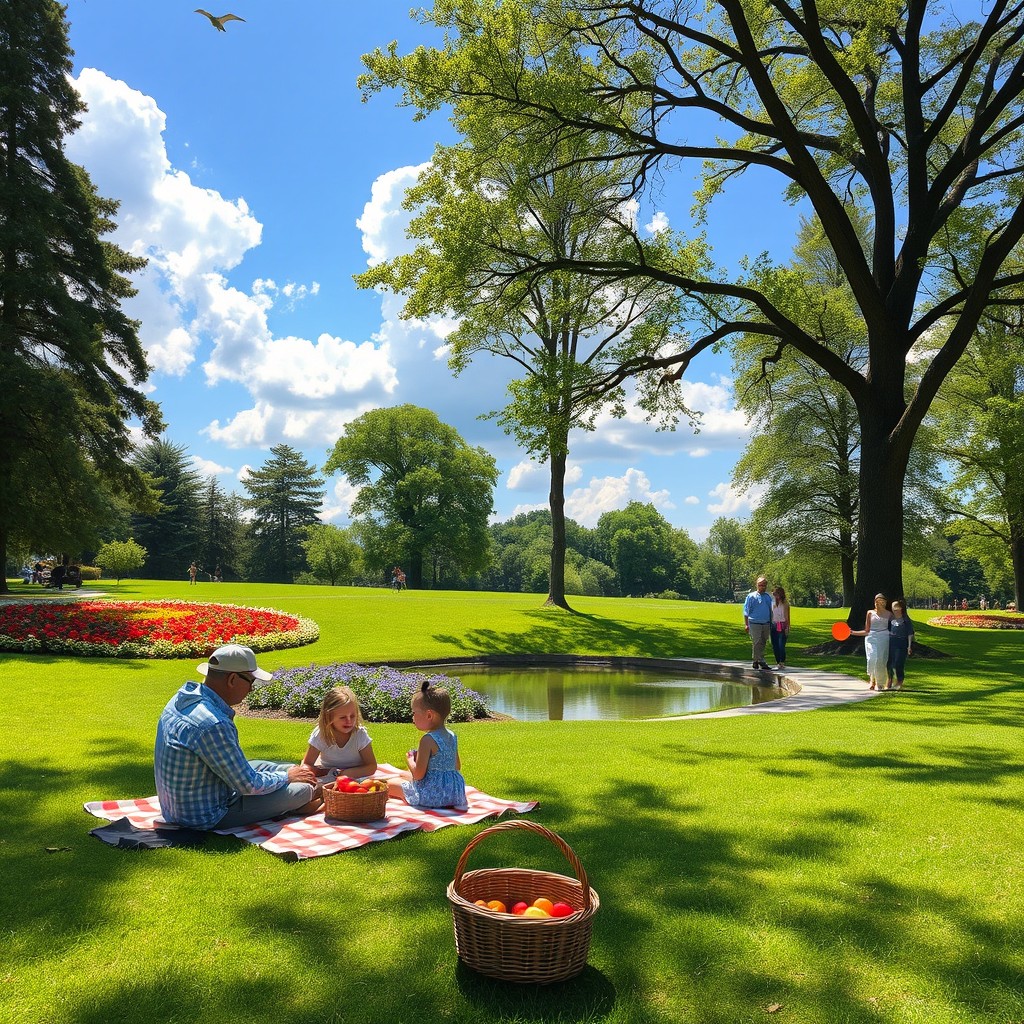 A serene park scene during a sunny day, featuring green grass, colorful flower beds, and tall trees providing shade