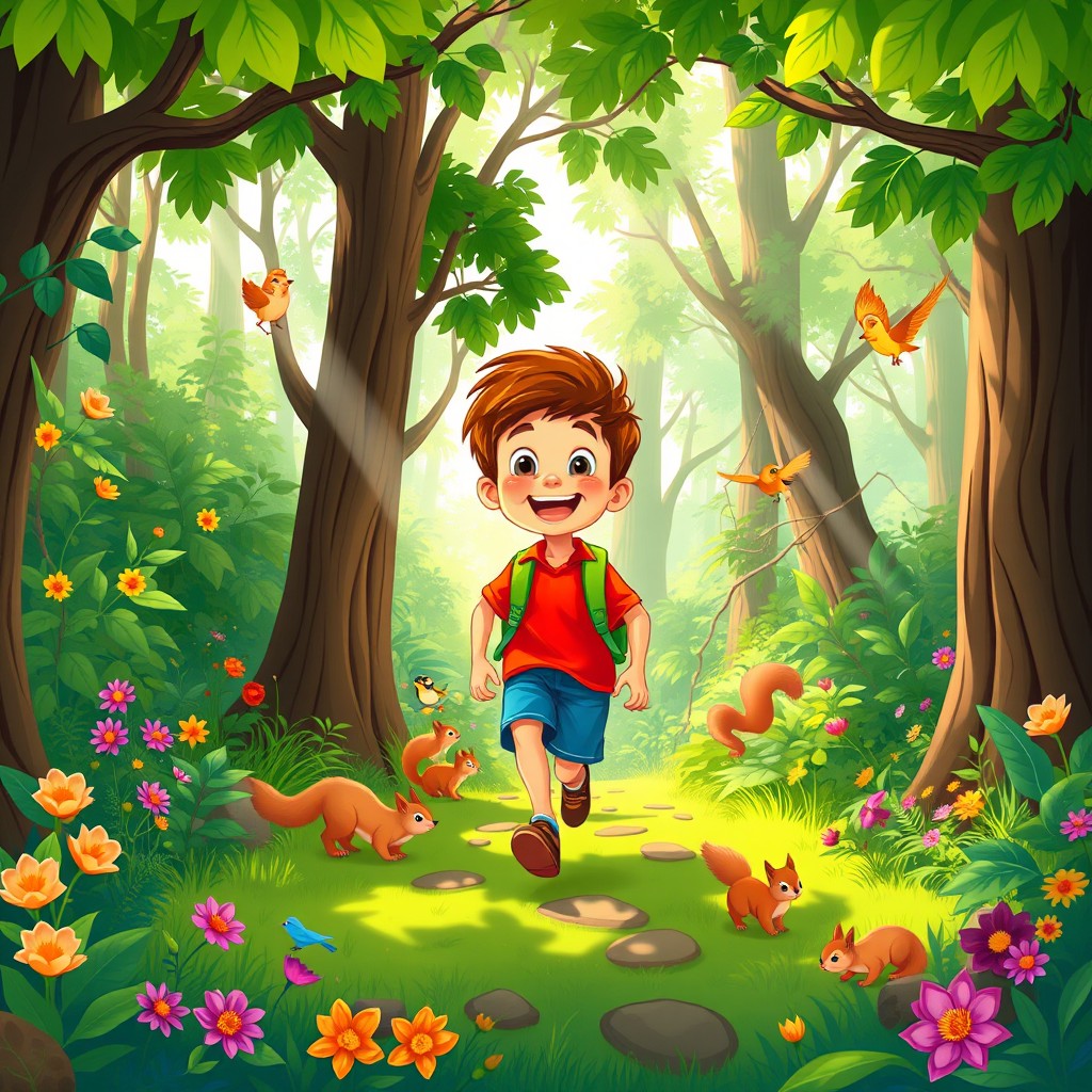 A vibrant cartoon-style illustration of a cheerful boy on an adventure in a lush green forest