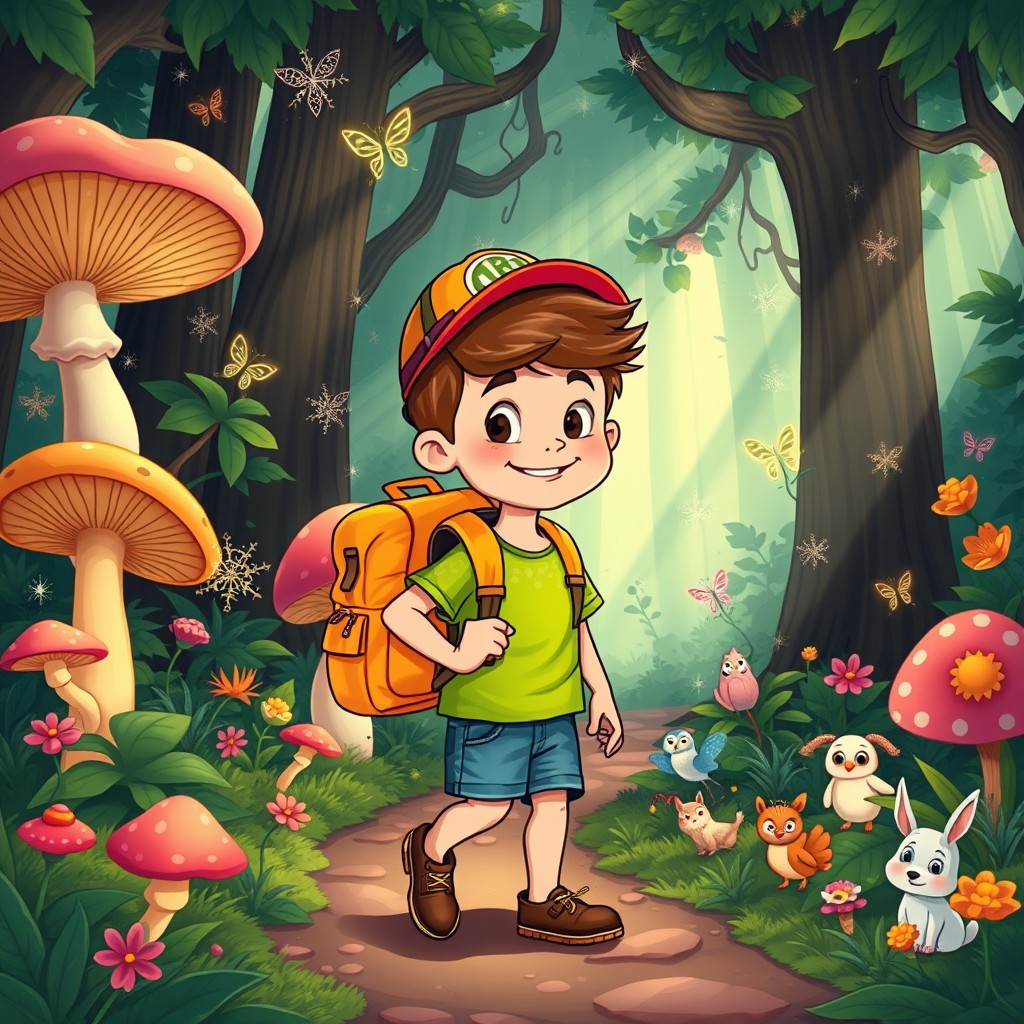 A lively cartoon-style illustration of a brave boy embarking on an adventure in a magical forest
