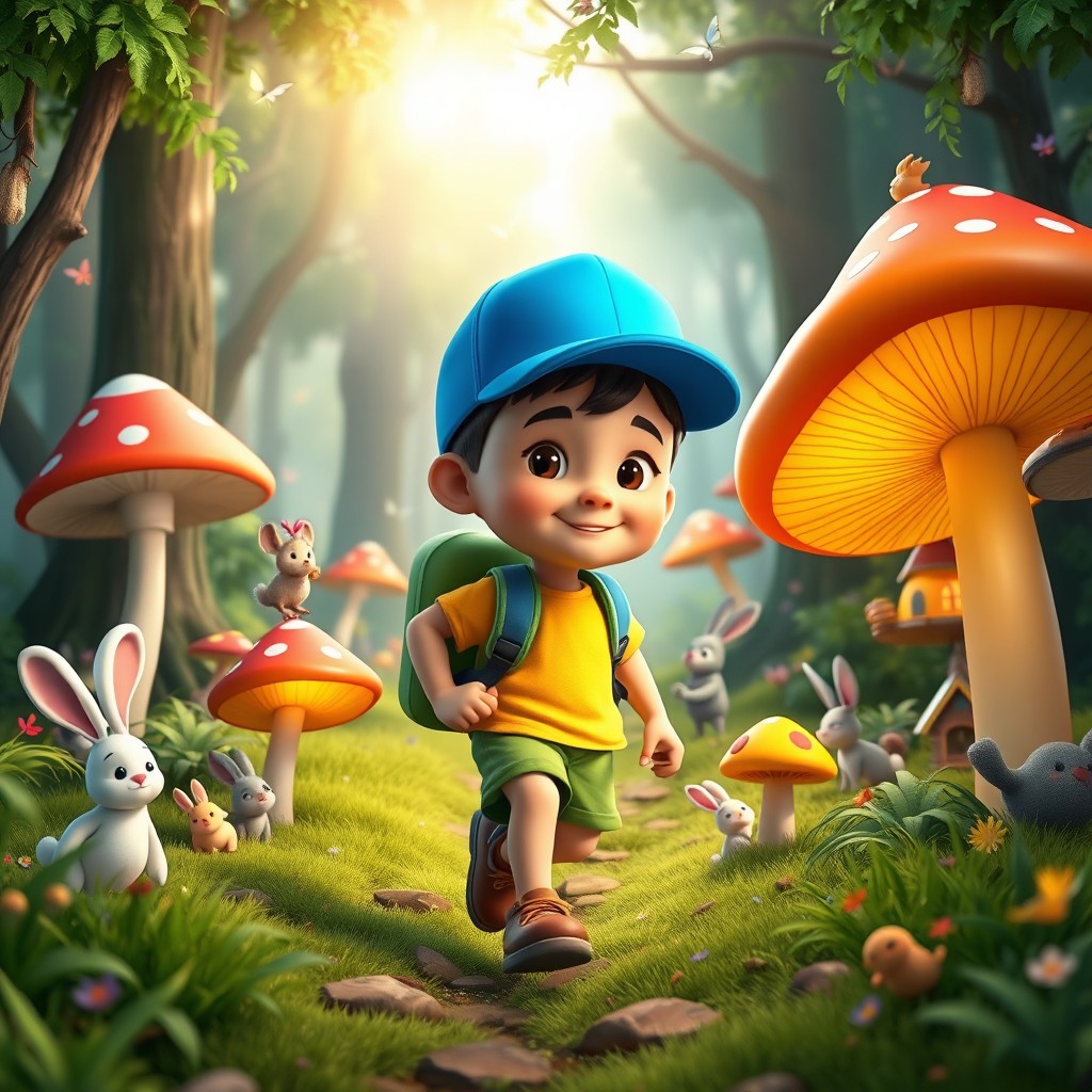 A dynamic 3D cartoon-style rendering of an adventurous boy navigating through a vibrant forest