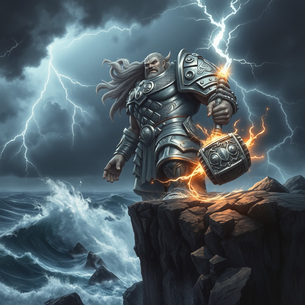 A majestic Storm Giant standing on a cliff overlooking a turbulent sea, surrounded by dark storm clouds and flashes of lightning illuminating the scene