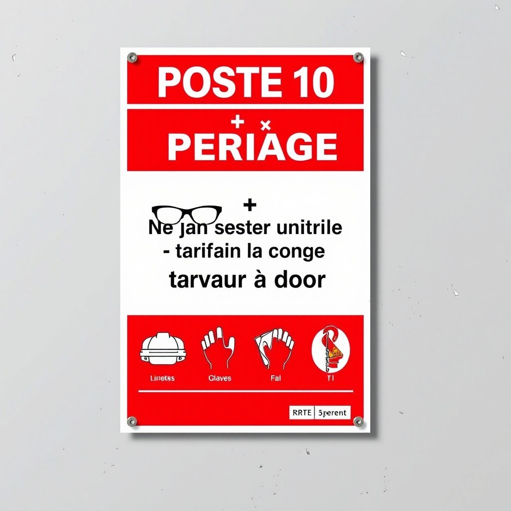 An industrial safety poster featuring the title "POSTE 10 – RTV 106 & PERÇAGE" prominently at the top