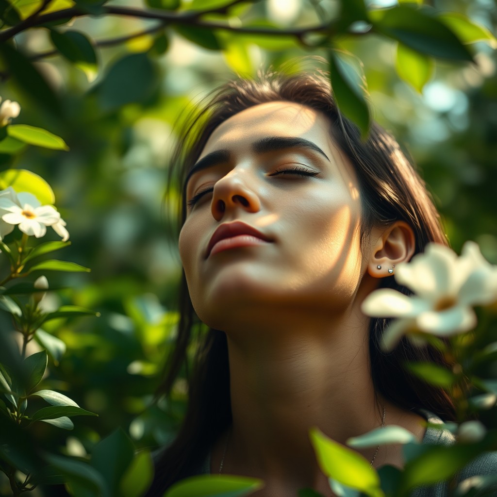 A serene scene depicting a person breathing deeply in a peaceful natural setting