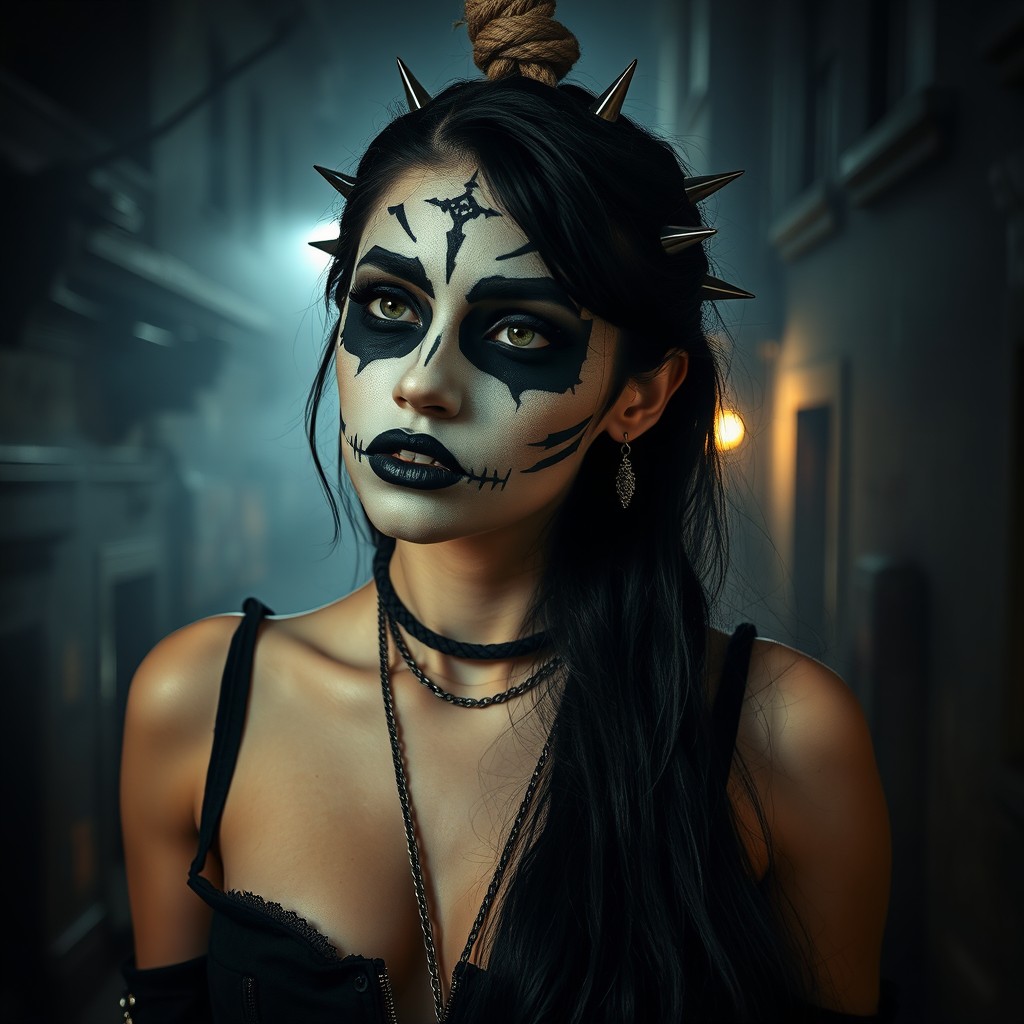 A goth girl with intricate corpse paint on her face, styled with dark, dramatic eye makeup, black lipstick, and pale skin, hanging gently from a rope around her neck