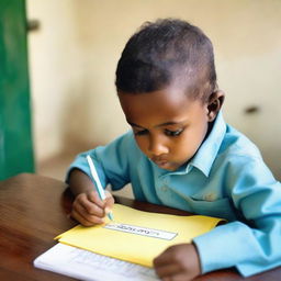 A young boy is writing the name 'Soumya' with a pen on a piece of paper.