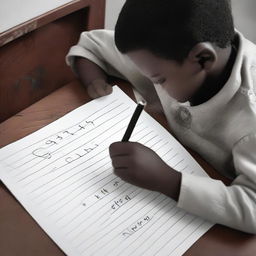 A young boy is writing the name 'Soumya' with a pen on a piece of paper.