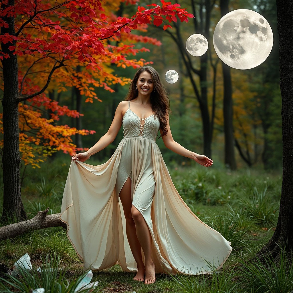 A witchy, woodsy scene featuring a fit and athletic mom in a flowing dress, showcasing her gymnastic athleticism