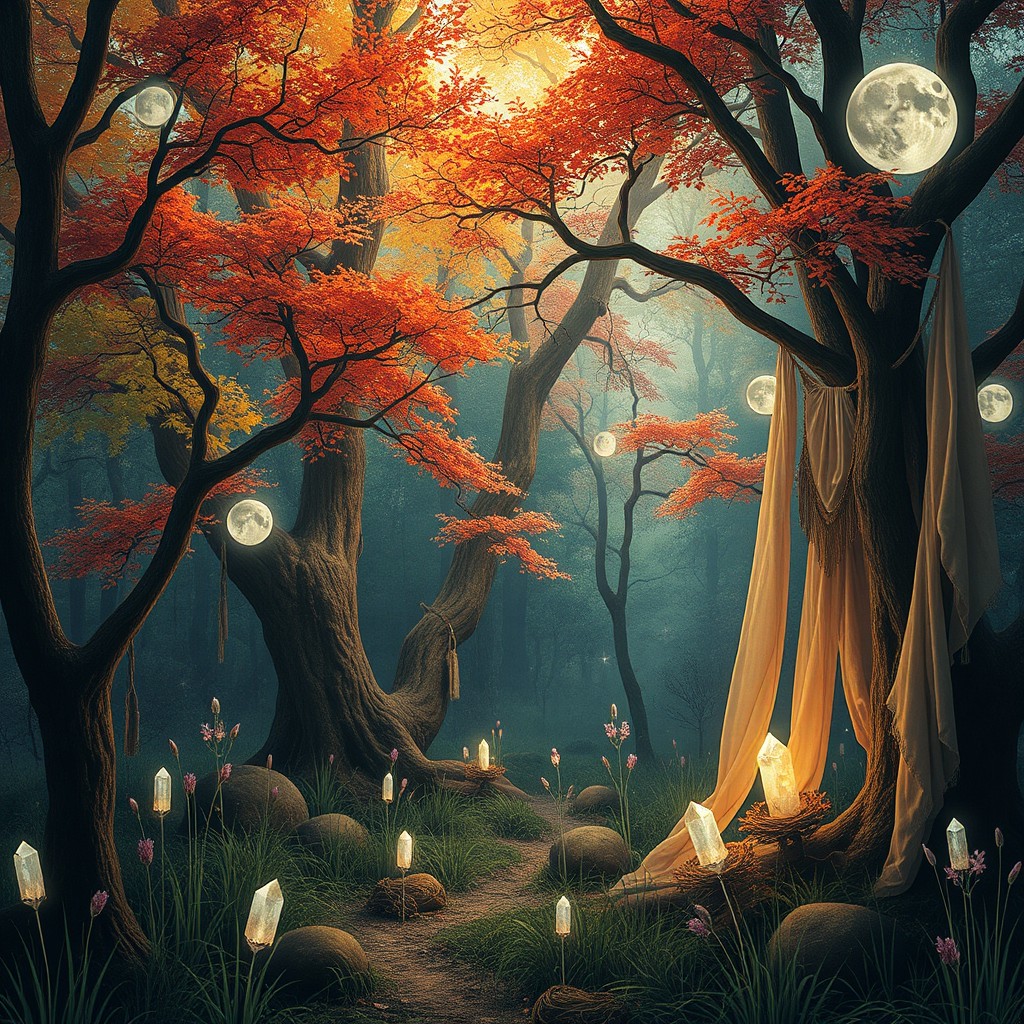 A mystical, woodsy scene filled with vibrant trees and soft grasses, adorned with sparkling crystals that symbolize their beauty and energy