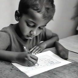 A young boy is writing the name 'Soumya' with a pen on a piece of paper.