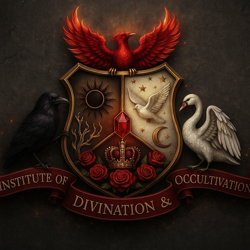 Edit this existing image: Move the beginning and ending curls of the ribbon closer to the raven and swan so they almost touch, eliminating empty ribbon space before and after the school's name. Reposition the dove in the white section so its center aligns horizontally with the black sun's center. The black sun must remain in its exact current position. Preserve all other elements without alteration: do not change any design elements, heraldic symbols, or compositional balance beyond the specified ribbon and dove adjustments.