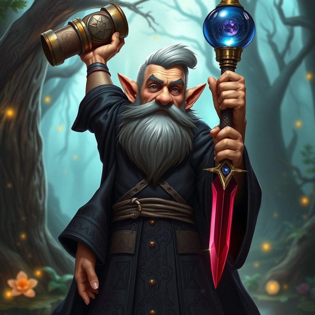 A lean, handsome, middle-aged gnome warlock, with intricate facial features and a wise expression, standing confidently
