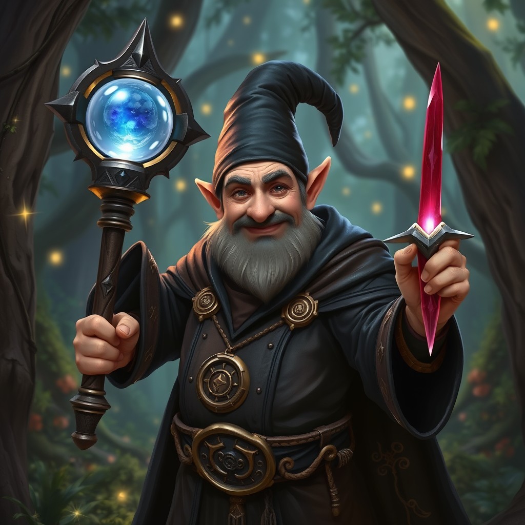 A lean, handsome, middle-aged gnome warlock with charming facial features, exhibiting confidence and wisdom