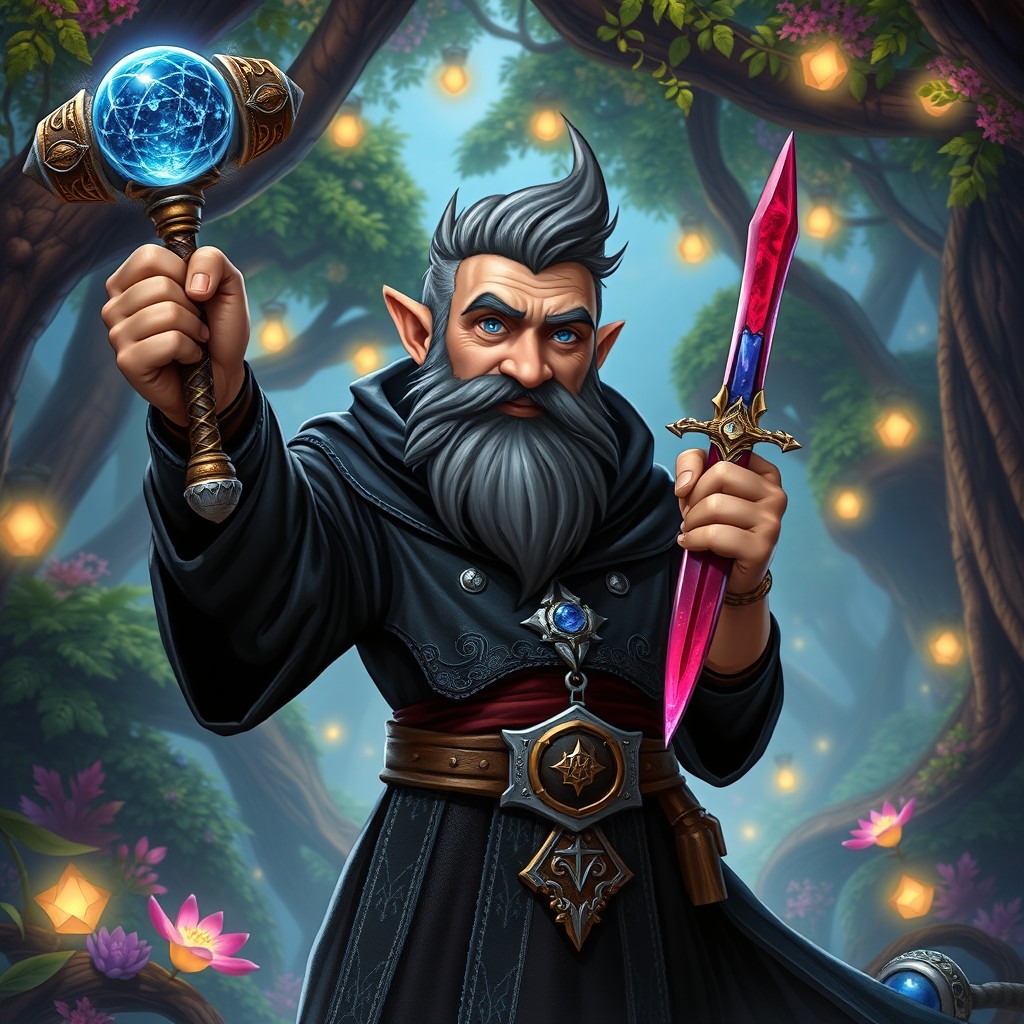 A lean, handsome, middle-aged gnome warlock exuding charisma and intelligence, with a well-groomed beard and bright, expressive eyes